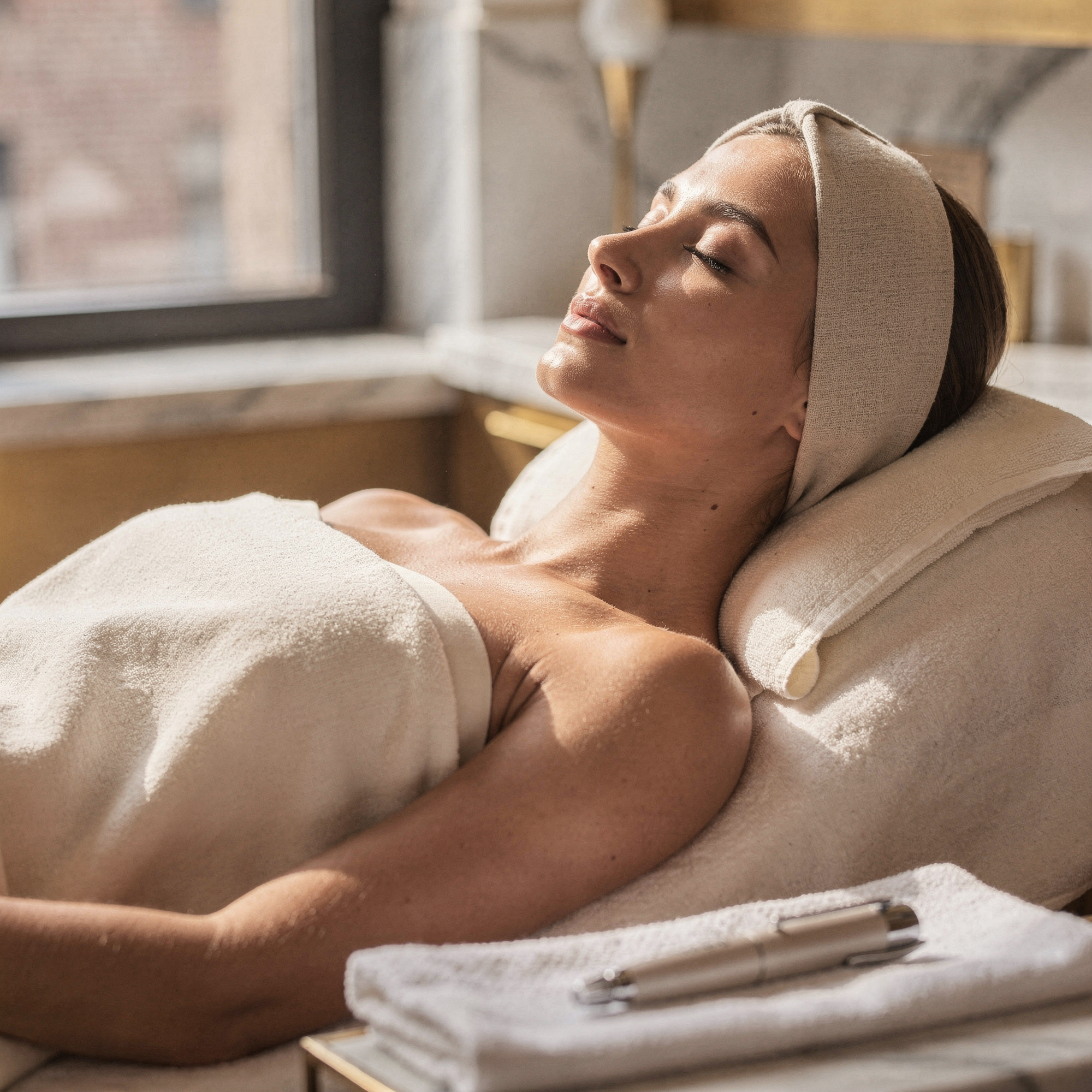Patient relaxing on treatment bed with headband during microneedling procedure